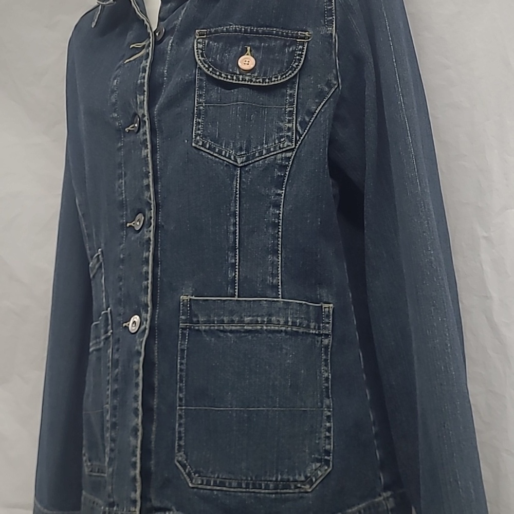 IE Designed Denim Jacket blue jean pockets dark wash button tailored - Picture 5 of 10